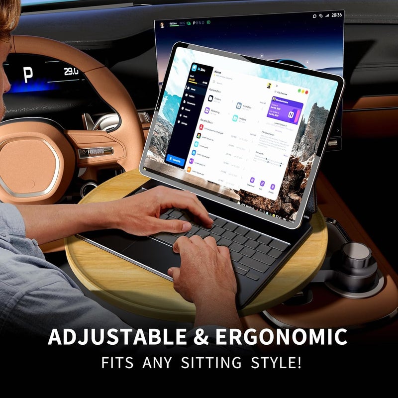 AXVLU Car Tray & Car Desk for Laptop, 360° Rotating Wood Cup Holder Table, Steering Wheel Tray, Car Accessories for Women & Men,Compatible with Tesla Model Y/3/S, Ford F150/Explorer/Maverick & Most Vehicles - Image 3